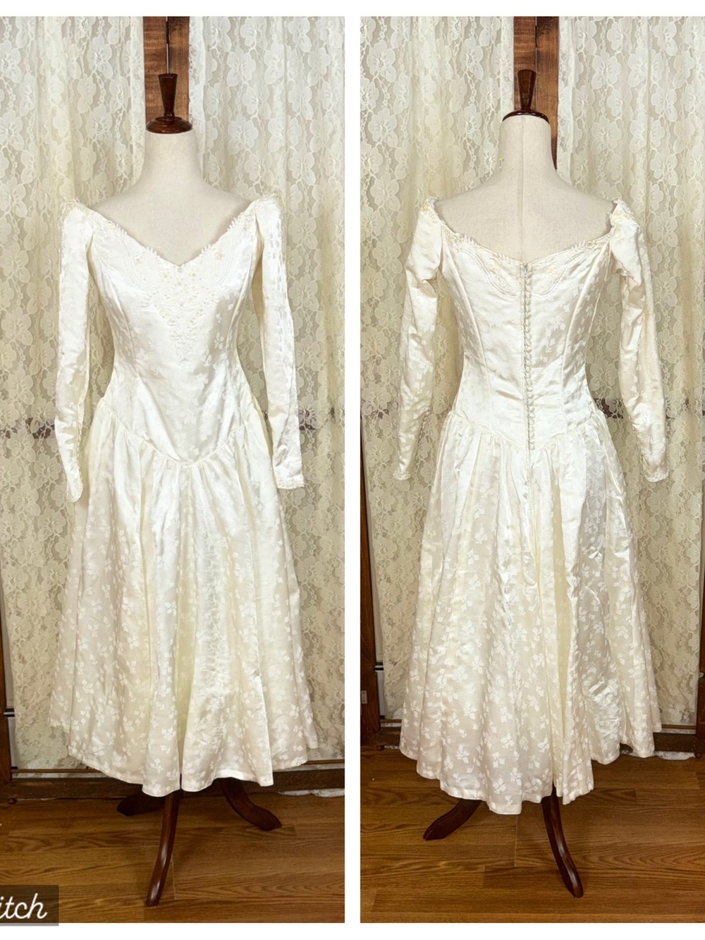 Gorgeous Vintage 1980s Brocade Off Shoulder Tea Length Wedding Dress